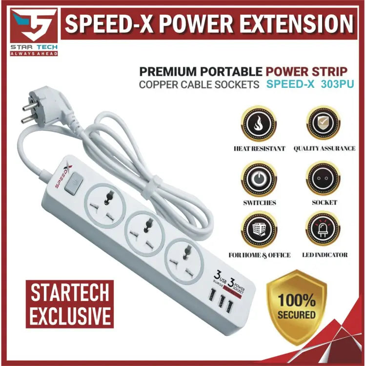 303pu Speed-X Premium Portable Power Strip 3socket+3usb Port