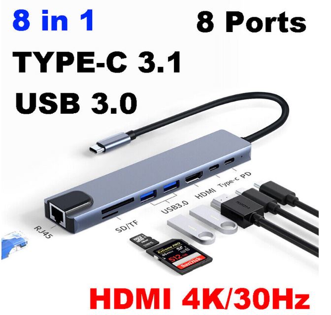 8 IN1 MULTI-PORT TYPE C TO USB C 4K HDMI ADAPTER USB 3.0 NETFLIX & YOUTUBE SUPPORTED