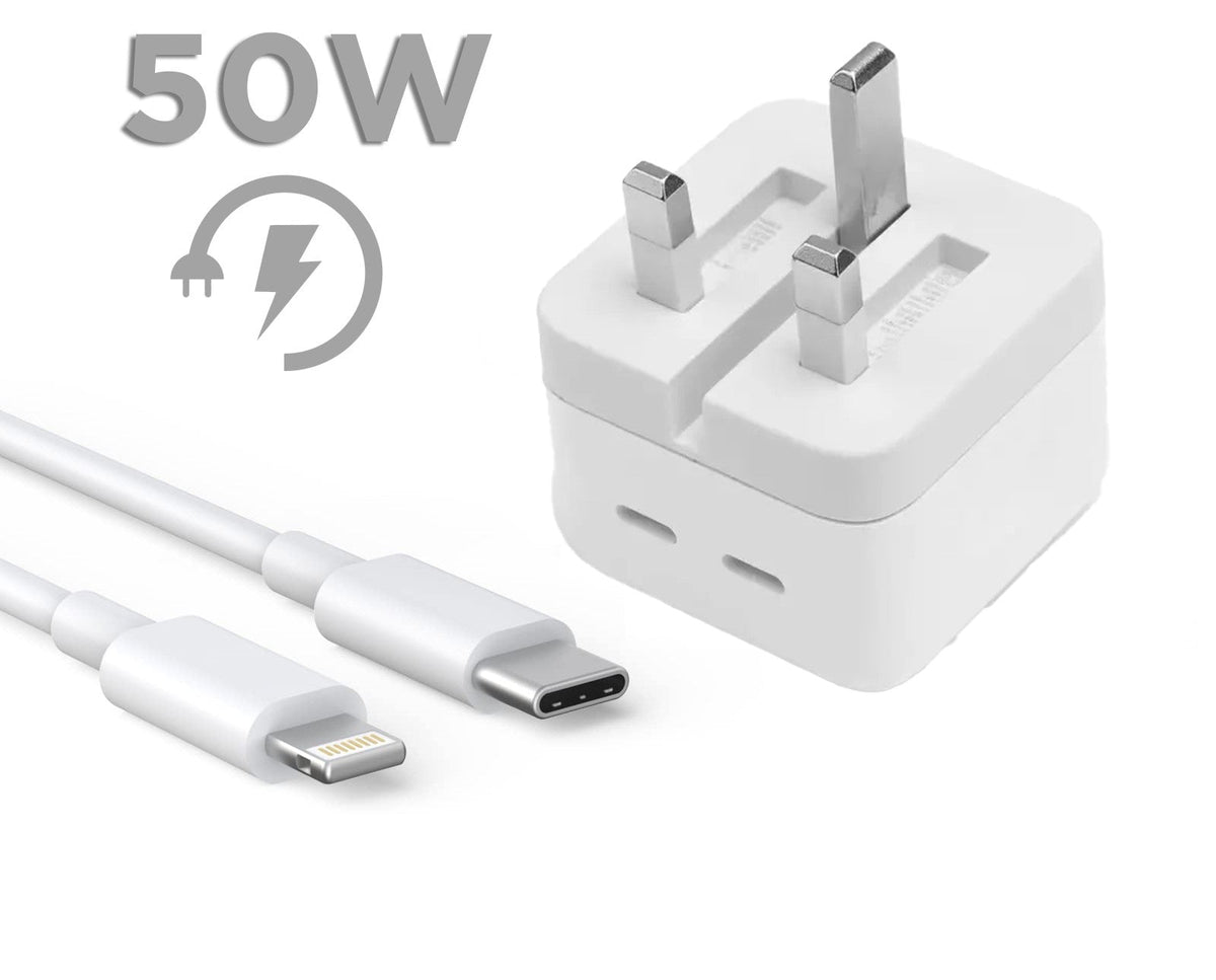Iphone 14 Pro 3 Pin (Uk Pin) 50w Usb-C+C Power Adapter With Usb-C To Lightining Cable